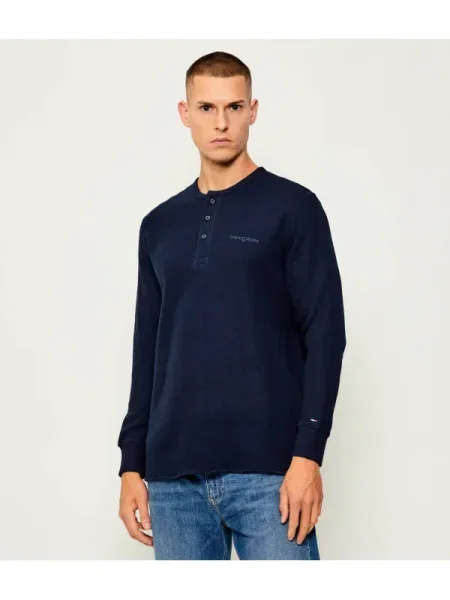 Hosszú ujjú póló Tommy Jeans henley gallérral sötétkék
