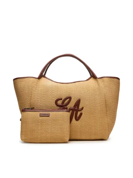 Geantă shopper Emporio Armani de paie bej