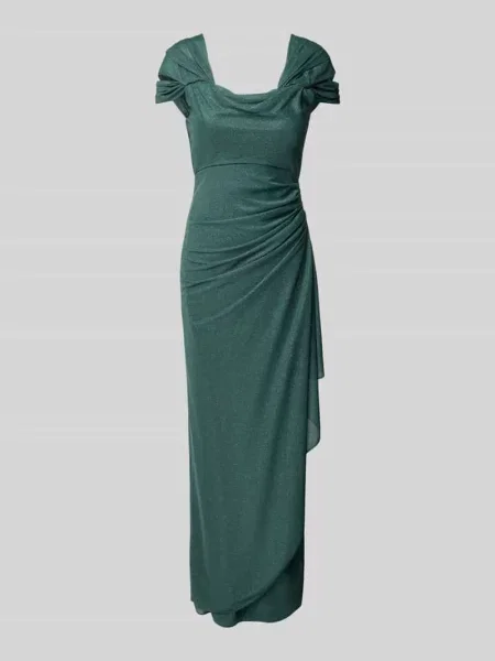 Sukienka wieczorowa z odkrytymi ramionami i marszczeniami Vera Mont zielona