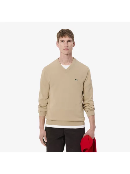 Lacoste Monochromatyczny Sweter Z Dekoltem V beżowy