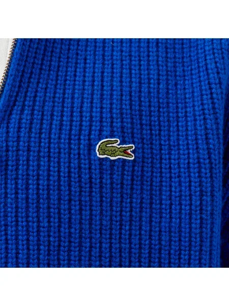 Lacoste Gruby Sweter Z Wełny Czesanej Z Zamkiem Pod Szyją granatowy