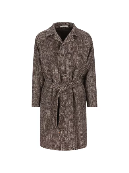 Cu centură palton Tagliatore cu model herringbone maro