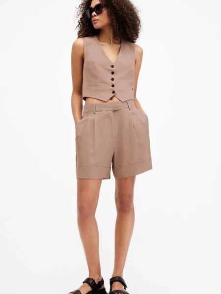 AllSaints pantaloni scurți din amestec de in DERI LYN neted medium waist maro