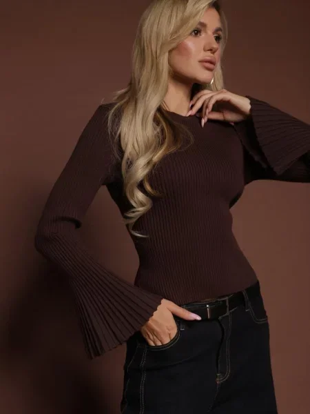 Sweter z Dzianiny w Prążki z Wiskozą z Rozszerzanymi Rękawami Sediane brązowy