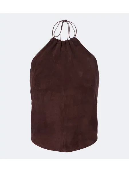 Top Stouls din piele de căprioară cu gât halter maro