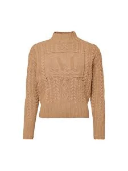 Dzianinowy golf sweter z golfem Max Mara z dekoltem w serek brązowy