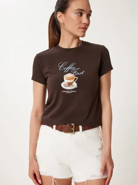 Happiness İstanbul Majica svetlo modra / karamel / temno rjava / off-bela bela