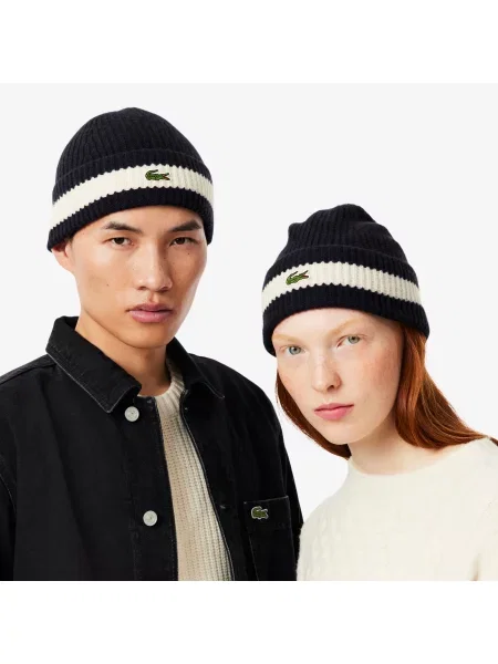Lacoste Czapka Wełniana Z Prążkowanej Dzianiny granatowa