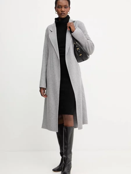 Вовняне пальто BOSS демісезонне без застібки сірий