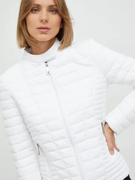Lniana kurtka puchowa Guess z długim rękawem biała