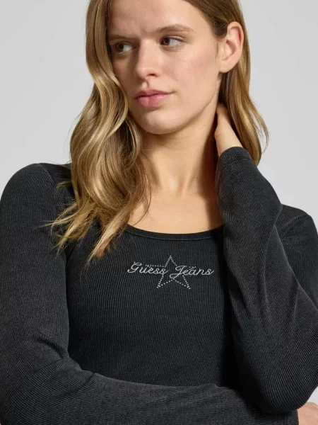 Bluzka z długim rękawem z detalem z logo Guess Jeans czarna