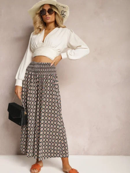 Ciemnozielone Szerokie Spodnie Kuloty w Kwiaty z Gumką w Pasie Zaphelia zielone