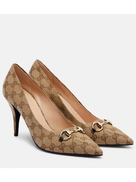 Pantofi cu toc Gucci din canvas bej