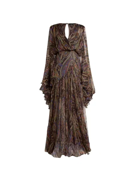 Rochie Etro de mătase cu volane cu model paisley maro