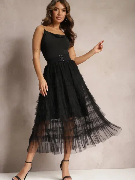 Tiulowa Spódnica Maxi z Gumką w Pasie i Falbankami Mahlia czarna
