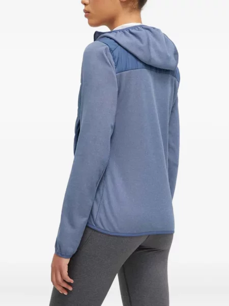 Geacă cu puf Adidas din piele de căprioară cu dungi cu glugă albastru