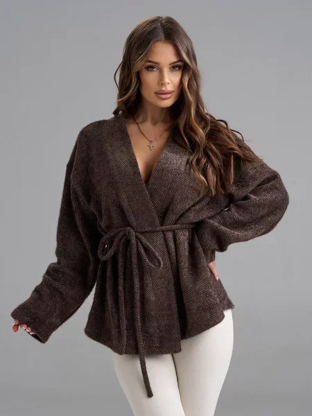 Кардиган ISSA Plus темно-коричневий комбінований верх коричневий