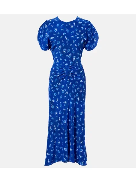 Svilena midi obleka Victoria Beckham s cvetličnim vzorcem bela