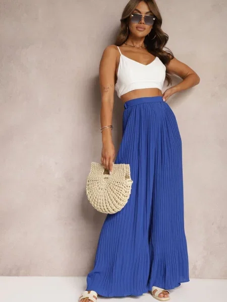 Szerokie Spodnie z Plisami High Waist Mirealli niebieskie