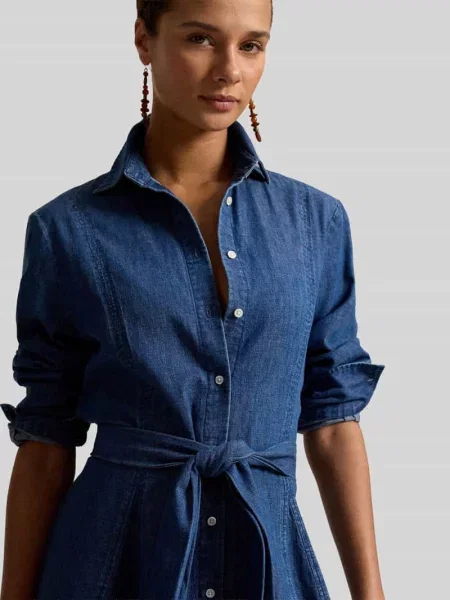 Taliowana sukienka casualowa w tkaninie stylizowanej na denim Polo Ralph Lauren niebieska