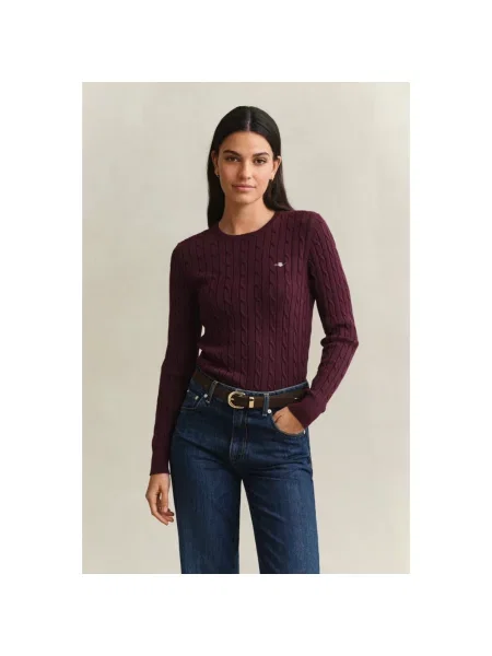 Sweter Gant Stretch Cotton Cable C-Neck Darkened Wine L czerwony