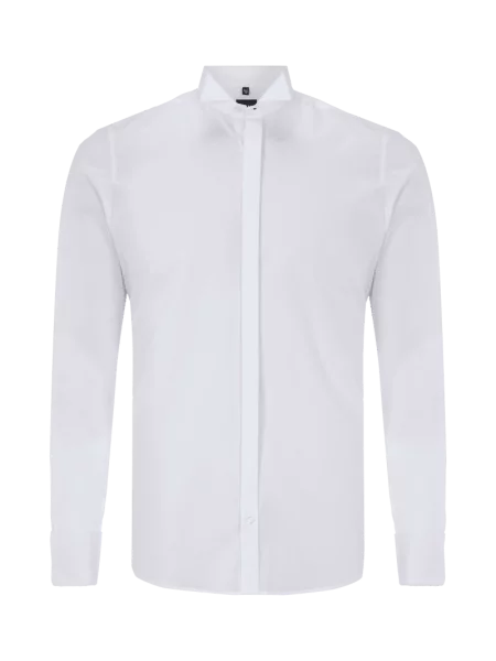 Koszula smokingowa o kroju slim fit z popeliny z dodatkiem streczu Olymp Level Five biała