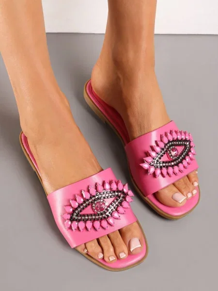 Papuci fucsia cu bareta decorată cu zirconiu Aisline roz