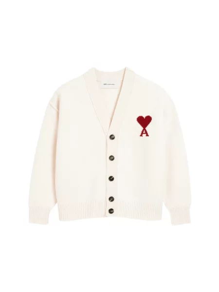 Sweter Ami Paris wełniany z dekoltem w serek biały