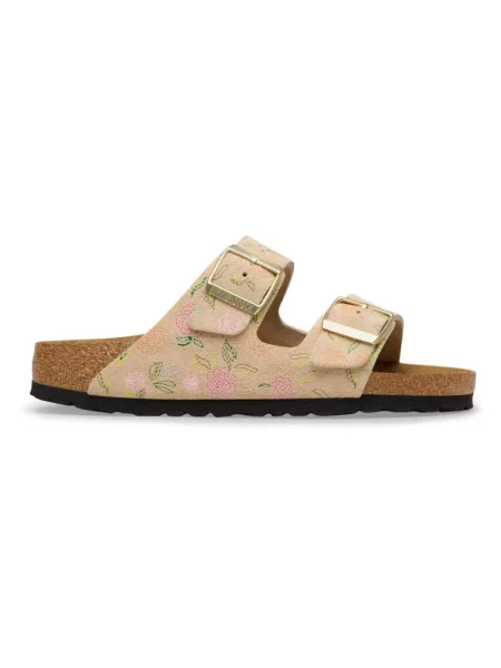 Klapki Birkenstock zamszowe na płaskim obcasie beżowe