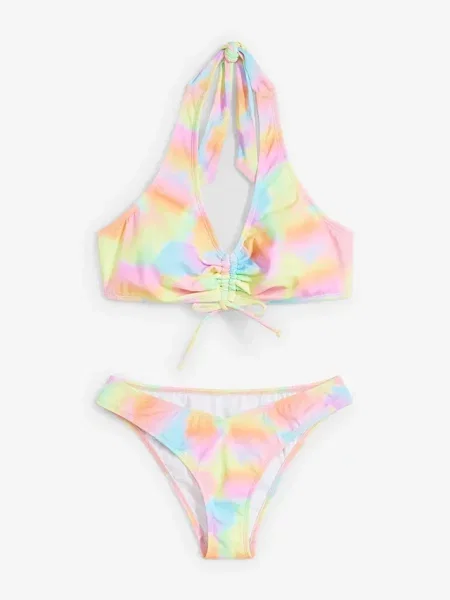 Bikini z ramiączkami wiązanymi na szyi z marszczeniem 2 części żółte