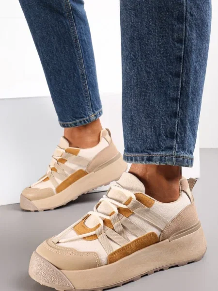 Sneakerși închis cu șireturi cu inserții colorate din piele ecologică Wonise bej