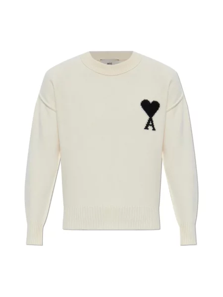 Sweter Ami Paris wełniany z logo beżowy