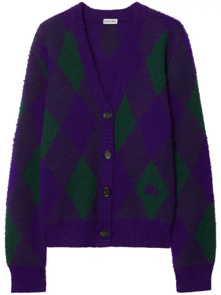 Cardigan Burberry de lână cu model argyle violet