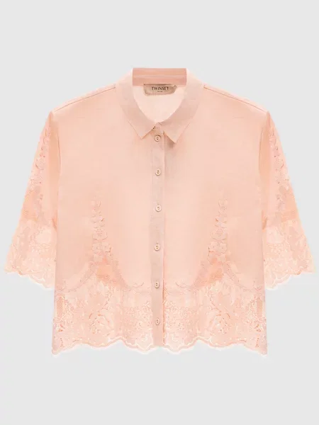Укорочена блуза з льону з мереживом Twinset рожева