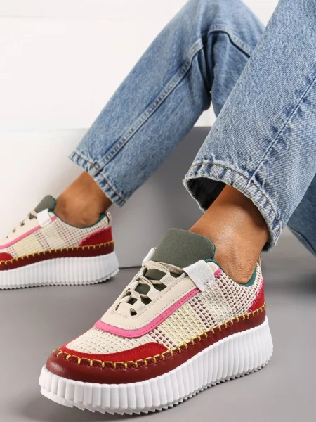 Sneakers Burgund cu Platformă Decorați cu Inserții Tweed și Pietre Strasuri Eganna bordo