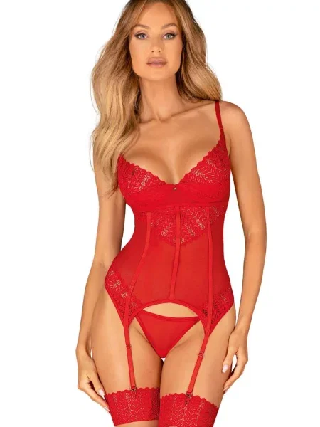 Кружевной корсет с пажами для чулок и трусики стринг Комплект_Obsessive_Ingridia_corset червоні