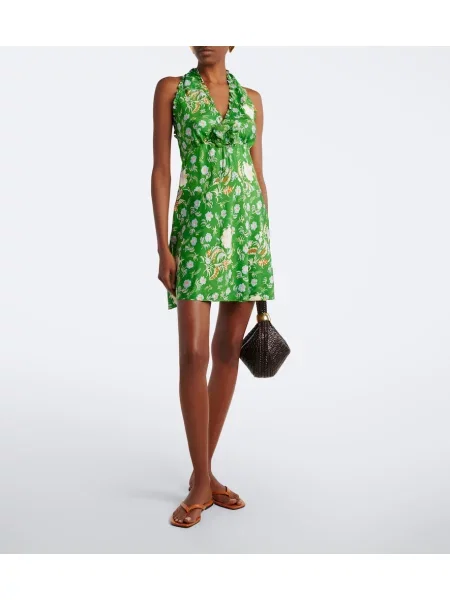 Rochie Dôen de mătase cu model floral cu aplicații verde