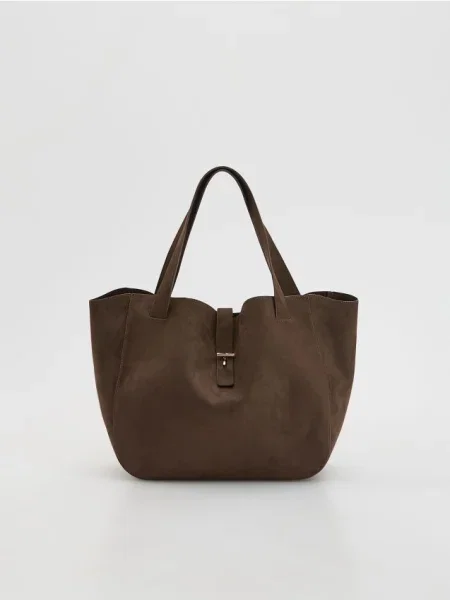 Reserved Torebka shopper z imitacji zamszu ciemnobrązowy