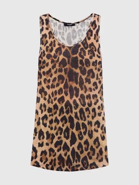 Топ з льону в леопардовий принт Balmain коричневий