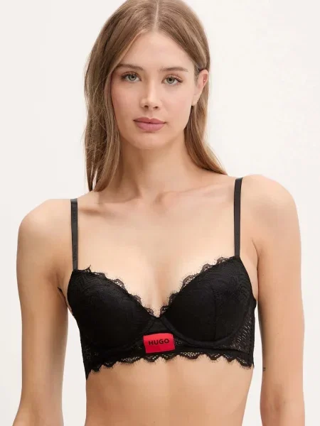 Сутиен HUGO от дантела с изчистен дизайн черно