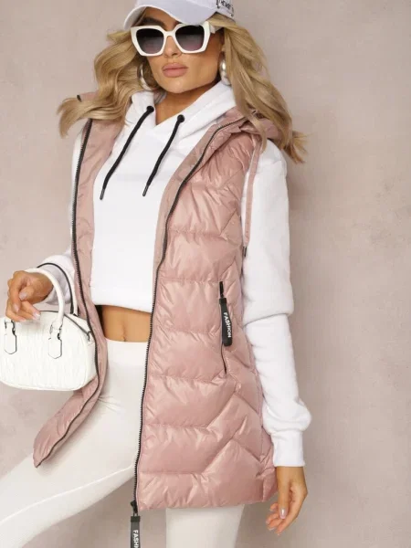 Vestă matlasată lungă cu glugă detașabilă Raelliana roz