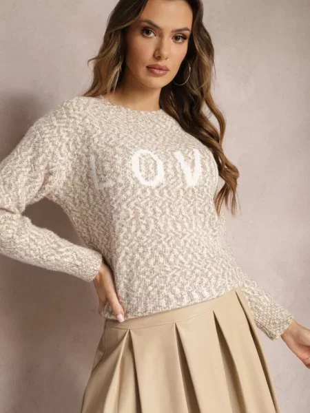 Sweter z Ozdobnym Napisem Wykończony Ściągaczami Minisoji beżowy