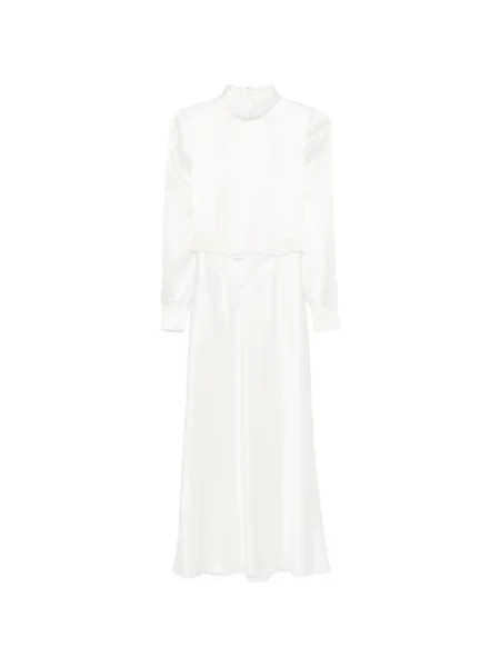 Rochie midi Alessandra Rich de mătase cu volane până la genunchi alb