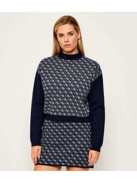 Pulover Guess de lână cu guler înalt albastru