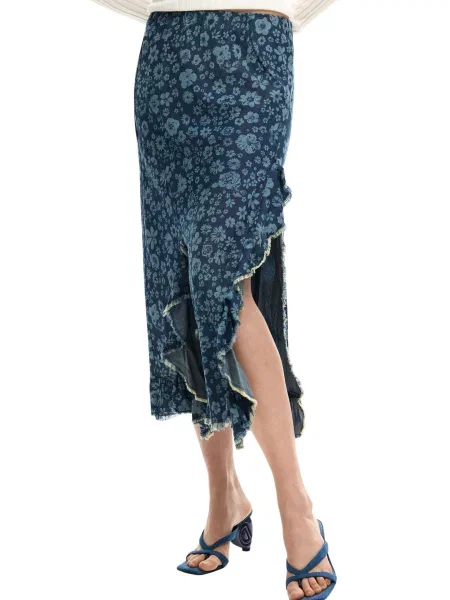 Fustă midi Desigual cu model floral până la genunchi albastru