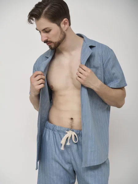 Льняной короткий костюм Handy Wear в полоску голубой