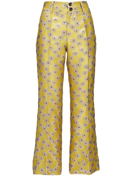 Pantaloni La Doublej cu broderie cu model floral galben