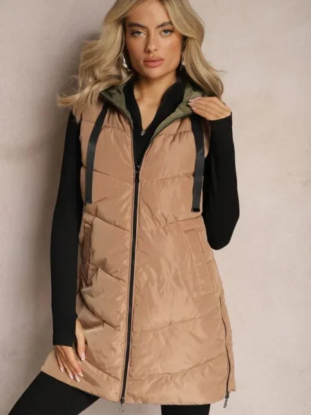 Vestă lungă matlasată reversibilă cu șnururi la glugă Frenila bej