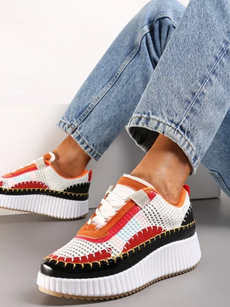 Sneakers Alb-Portocaliu pe Platformă cu Ținte și Inserții Patchwork Jeneria alb