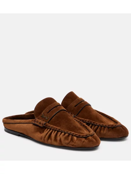 Papuci tip mules Saint Laurent din piele de căprioară maro